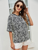 Chemisier pour femme manches courtes noir imprimé léopard passepoil surdimensionné col bijou polyester t-shirt