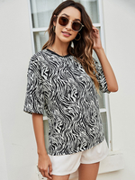Chemisier pour femme manches courtes noir imprimé léopard passepoil surdimensionné col bijou polyester t-shirt