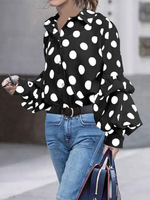 Chemisier pour femme noir à pois col rabattu décontracté à manches longues en polyester
