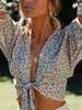 Chemisier pour femme Polyester bleu ciel clair Col en V Décontracté Imprimé Noué Tops manches longues