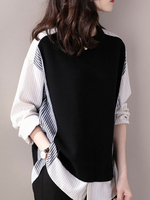 chemisier pour femme Rayures noires Col bijou Décontracté Manches longues Hauts en polyester
