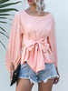 Chemisier pour femme rose à lacets col bijou décontracté manches longues devant noeud en polyester hauts