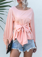 Chemisier pour femme rose à lacets col bijou décontracté manches longues devant noeud en polyester hauts