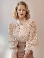 Chemisier Pour Femme Rose Dentelle Découpé Col Haut Décontracté Manches Longues Dentelle Tops