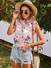 Chemisier pour femme rose imprimé fleuri stretch plissé passepoil col en V décontracté en polyester