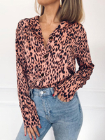 Chemisier Pour Femme Rose Imprimé Léopard Col En V Décontracté Manches Longues Polyester Tops
