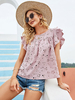 Chemisier pour femme rose Polyester col bijou irrégulier décontracté plissé découpé manches courtes T-Shirt dété