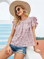 Chemisier pour femme rose Polyester col bijou irrégulier décontracté plissé découpé manches courtes T-Shirt dété