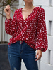 Chemisier Pour Femme Rouge Polyester Polka Dots Col En V Décontracté Manches Longues Tops
