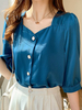 chemisier pour femme Teal Polyester Col carré Casual Demi-manches Tops