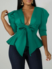Chemisier pour femme vert col en V à manches mi-longues à lacets