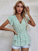 Chemisier pour femme vert menthe polyester col en V extensible décontracté imprimé floral plissé manches courtes t-shirt dété