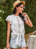 Chemisier pour femmes blanc irrégulier à lacets dentelle bijou cou décontracté manches courtes Polyester T-Shirt dété