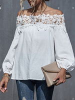Chemisier Pour Femmes Blanc Épaule Ouverte Dentelle Bateau Cou Sexy Manches Longues Polyester Coton Tops