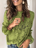 Chemisier pour femmes Greeen acrylique bijou cou découpé fleur brodé manches longues hauts