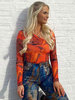 Chemisier pour femmes manches longues Oragnge rouge imprimé floral passepoil asymétrique conçu décolleté Polyester été