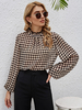 Chemisier pour femmes motif à carreaux abricot profond surdimensionné plissé col haut décontracté manches longues hauts en polyester