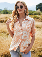 Chemisier pour femmes Orange Polyester col rabattu Stretch Casual Tie Dye Boutons manches longues Chemise dété