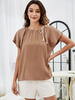 Chemisier pour femmes profond abricot Polyester col bijou surdimensionné décontracté à lacets plissé à manches courtes T-Shirt