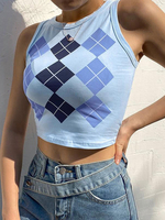 Chemisier pour femmes sans manches bleu géométrique passepoil irrégulier col bijou polyester t-shirt décontracté