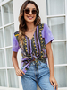 Chemisier pour femmes violet Tie Dye surdimensionné noué à lacets col en v décontracté manches courtes Polyester T-Shirt dété