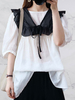 chemisier pour les femmes blanc couleur bloc bijou cou décontracté demi manches hauts en polyester
