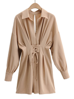Chemisier Robes Femmes Courtes à Col Rever avec Manches Longues Coupe Cintrée à Lacets Unicolore Bas Evasée