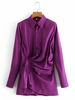 Chemisier Robes Femmes Courtes à Col Rever avec Manches Longues Coupe Cintrée Unicolore Bas Evasée