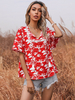 Chemisier rouge pour femmes Polyester col en V surdimensionné décontracté imprimé floral à lacets à manches courtes hauts