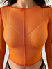 Chemisier sexy pour femme col bijou manches longues accessoires Lycra Spandex Orange T-shirt transparent dété