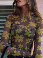 Chemisier sexy pour femme col bijou manches longues imprimé floral en tulle t-shirt dété