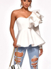 Chemisier Top Femmes Courte Manches Longues avec Epaules Nus Décors avec Fleurs Bas Evasée Coupe Cintrée Chemisier Top Femmes