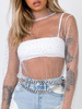 Chemisier transparent blanc Seuqin Tops manches longues en tulle sexy