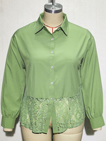Chemisier vert grande taille pour les femmes col rabattu manches longues dentelle polyester chemise décontractée