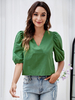 Chemisier vert pour femme T-shirt surdimensionné en polyester plissé à col en V décontracté