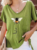 Chemisier vert pour femmes manches courtes imprimé animal surdimensionné fendu devant passepoil chérie col en polyester t-shirt