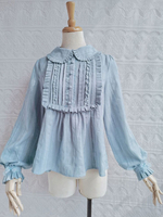 Chemisiers Lolita Bleu Ciel Clair Manches Longues Col Claudine Volants Nœuds Haut Lolita Chemise Lolita Vintage Mignonne