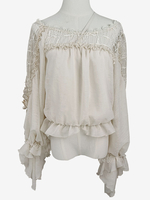 Chemisiers Mignonne Lolita Top Lolita Blanc Écru Manches Longues Chemise Lolita Brodée à Lacets
