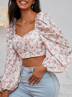 Chemisiers Tops Femmes Courtes Imprimés les Fleurs à Col Carré avec Manches Longues Amples Bicolores Sexy