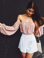 Chemisiers Tops Femmes Courts en Mousselines avec Manches Longues Amples avec Epaule Dénudées Unicolore Chemisier Sexy Eté