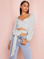 Chemisiers Tops Femmes Courts Imprimés les Pois avec Manches Longues Amples à Col Décolleté en V Coupe Cintrée à Lacets Bicolores