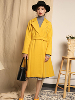 Chic manteau femme en laine mélangée jaune unicolore avec ceinture vêtements journaliers revers cranté