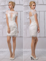 Chic robe mariage A-ligne ivoire dentelle col rond mini Milanoo