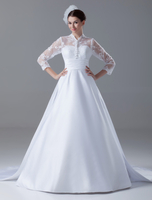 Chic robe mariage boule blanche col roulé en satin avec dentelle traîne courte