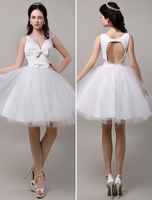 Chic robe mariage princesse satin ivoire col V longueur genou Milanoo
