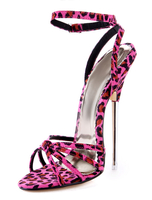 Chic sandales à talons aigus en tissu rose à motif léopard