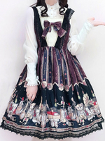 Classic Lolita JSK Robe Jupe évasée à Bretelle En Dentelle Noir Imprimé Déguisements Halloween