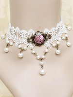 Classique Lolita Collier Floral Perle Perle Dentelle Blanc Lolita Choker Déguisements Halloween