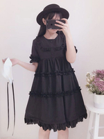 Classique Lolita OP une pièce robe col rond manches courtes volants noir robe lolita Déguisements Halloween