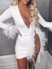 Club vestimentaire pour les femmes Jewel Neck plumes sexy Manches longues en polyester coton blanc robe sexy